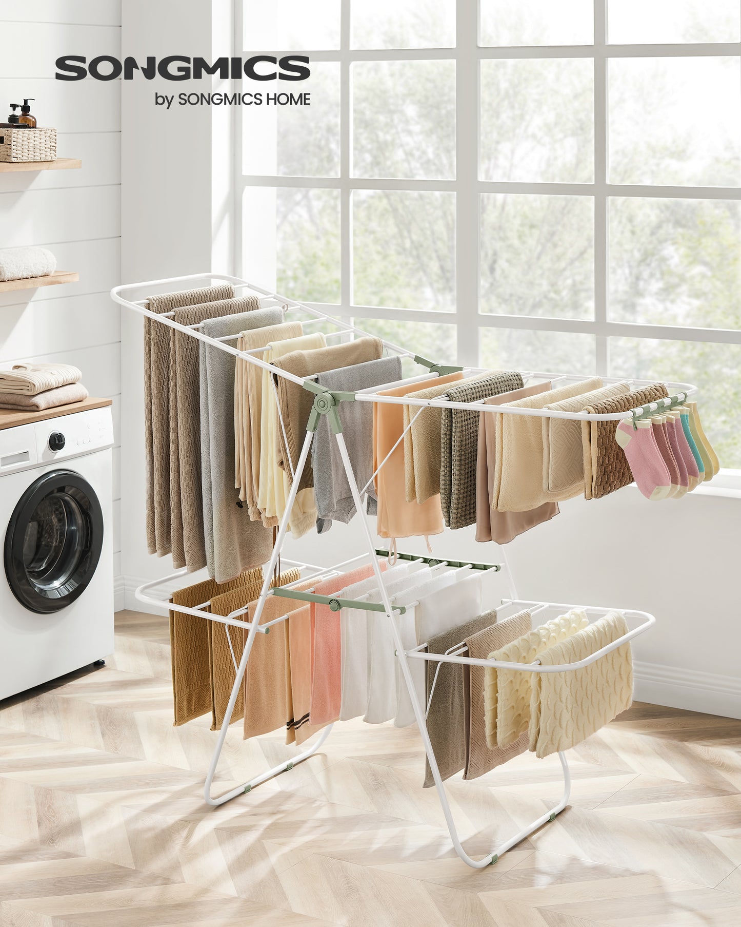 2-Level Foldable Clothes Drying Rack with Height-Adjustable Wings, Free-Standing Laundry Rack Clothes Dryer, 33 Drying Rails, and Sock Clips