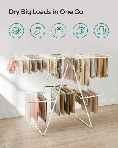 Clothes Drying Rack, Foldable 2-Level Laundry Drying Rack, Free-Standing Laundry Airer, with Height-Adjustable Wings, 33 Drying Rails, Sock Clips, White and Green