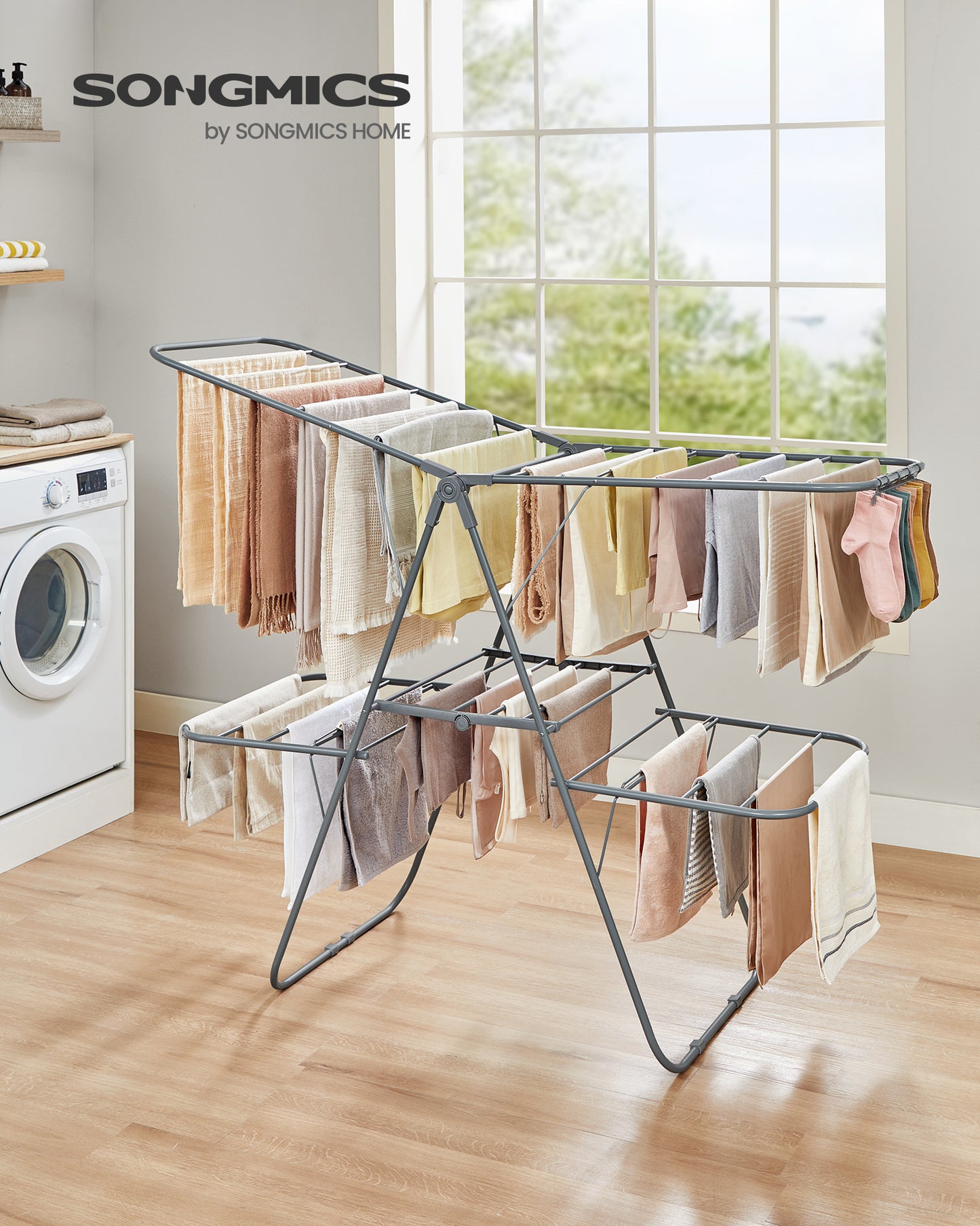 2-Level Foldable Clothes Drying Rack - Free-Standing & Large. Features 33 Rails, Height-Adjustable Wings, Sock Clips. Gray color.