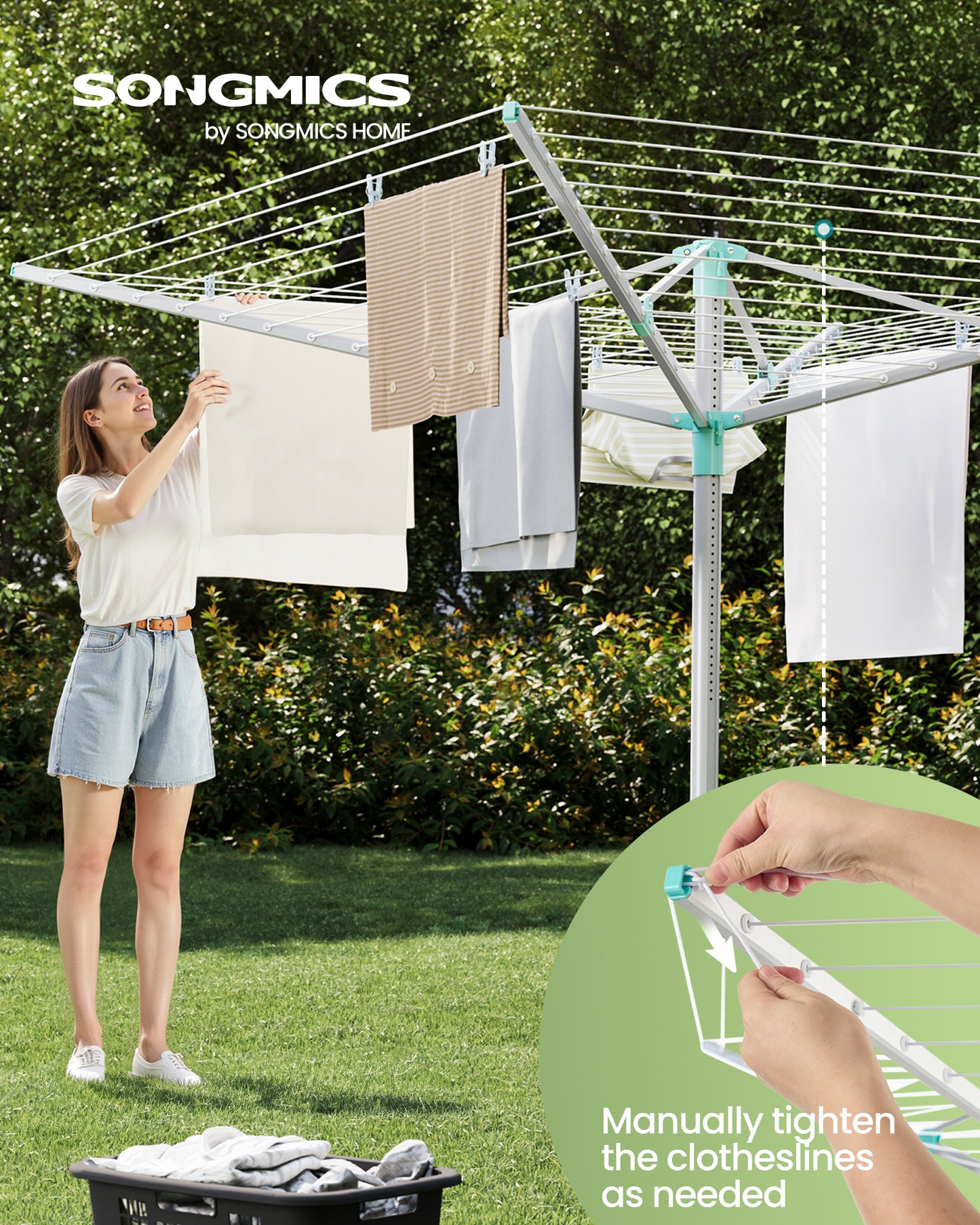 Umbrella Drying Rack, Retractable Outdoor Drying Rack, Height Adjustable, 197 ft Long Clothesline, Holds 6 Laundry Loads, for Garden, with Ground Spike, Cover, Silver and Green