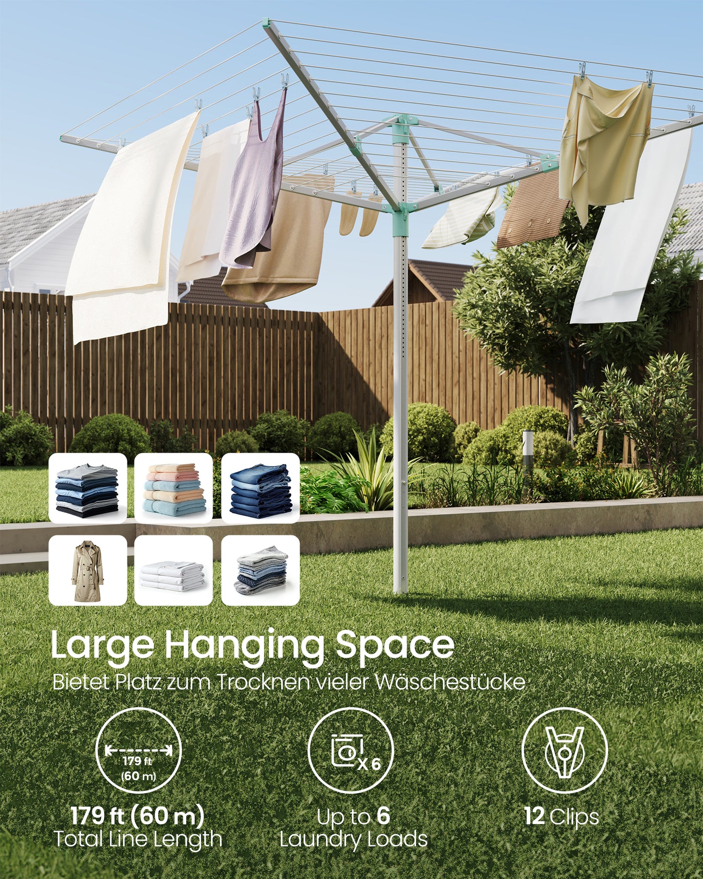 Umbrella Drying Rack, Retractable Outdoor Drying Rack, Height Adjustable, 197 ft Long Clothesline, Holds 6 Laundry Loads, for Garden, with Ground Spike, Cover, Silver and Green