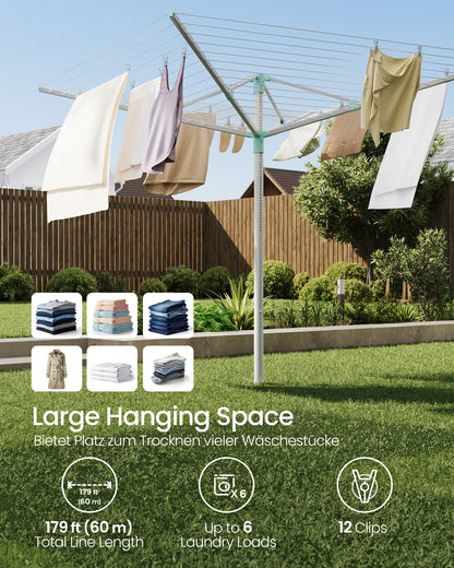 Umbrella Drying Rack, Retractable Outdoor Drying Rack, Height Adjustable, 197 ft Long Clothesline, Holds 6 Laundry Loads, for Garden, with Ground Spike, Cover, Silver and Green