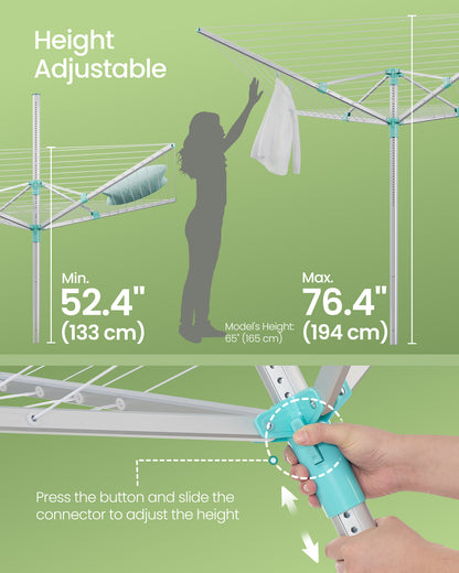 Umbrella Drying Rack, Retractable Outdoor Drying Rack, Height Adjustable, 197 ft Long Clothesline, Holds 6 Laundry Loads, for Garden, with Ground Spike, Cover, Silver and Green