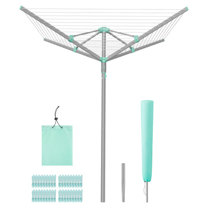 SONGMICS Umbrella Clothesline, Rotary Washing Line, Foldable, with Clips, Cover, Ground Anchor, 164 ft (50 m) Long for 5 Loads of Laundry, Silver