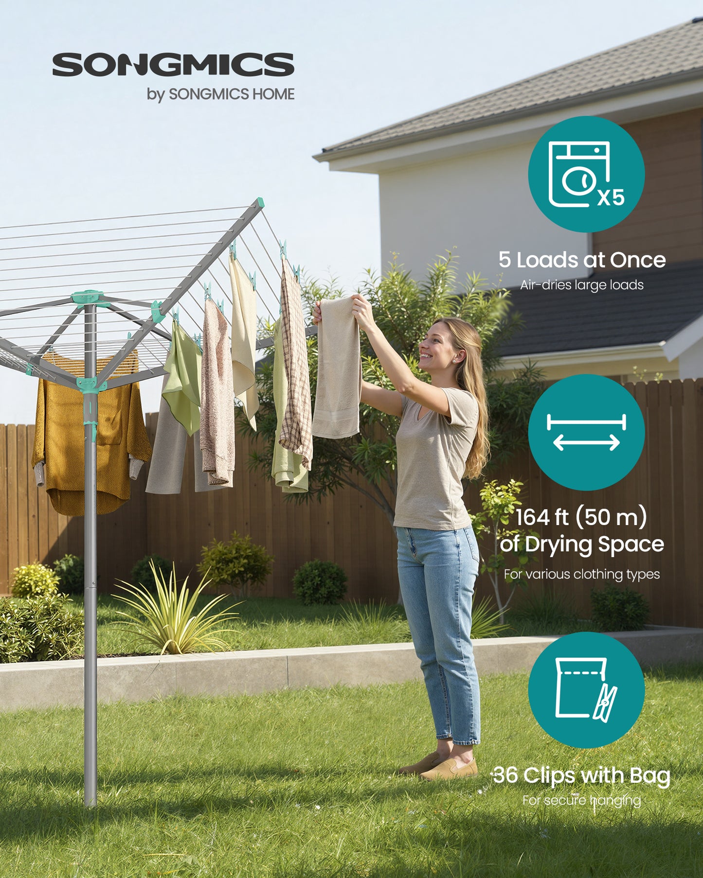 SONGMICS Umbrella Clothesline, Rotary Washing Line, Foldable, with Clips, Cover, Ground Anchor, 164 ft (50 m) Long for 5 Loads of Laundry, Silver