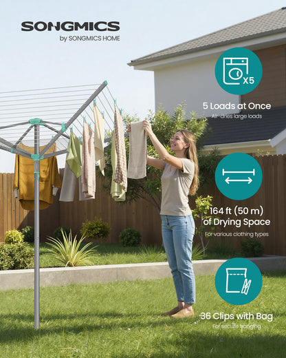 SONGMICS Umbrella Clothesline, Rotary Washing Line, Foldable, with Clips, Cover, Ground Anchor, 164 ft (50 m) Long for 5 Loads of Laundry, Silver