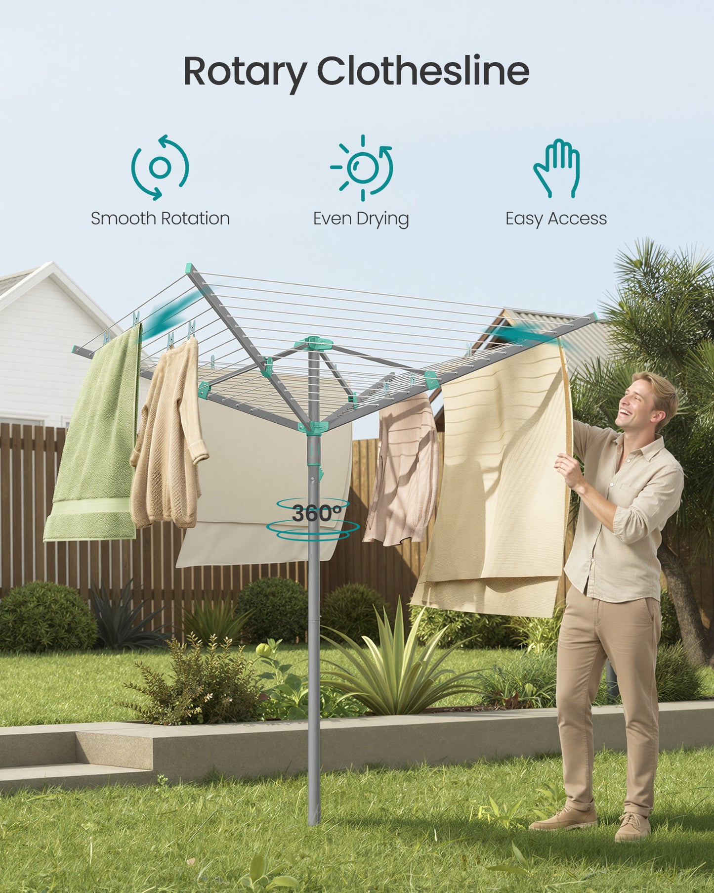 SONGMICS Umbrella Clothesline, Rotary Washing Line, Foldable, with Clips, Cover, Ground Anchor, 164 ft (50 m) Long for 5 Loads of Laundry, Silver