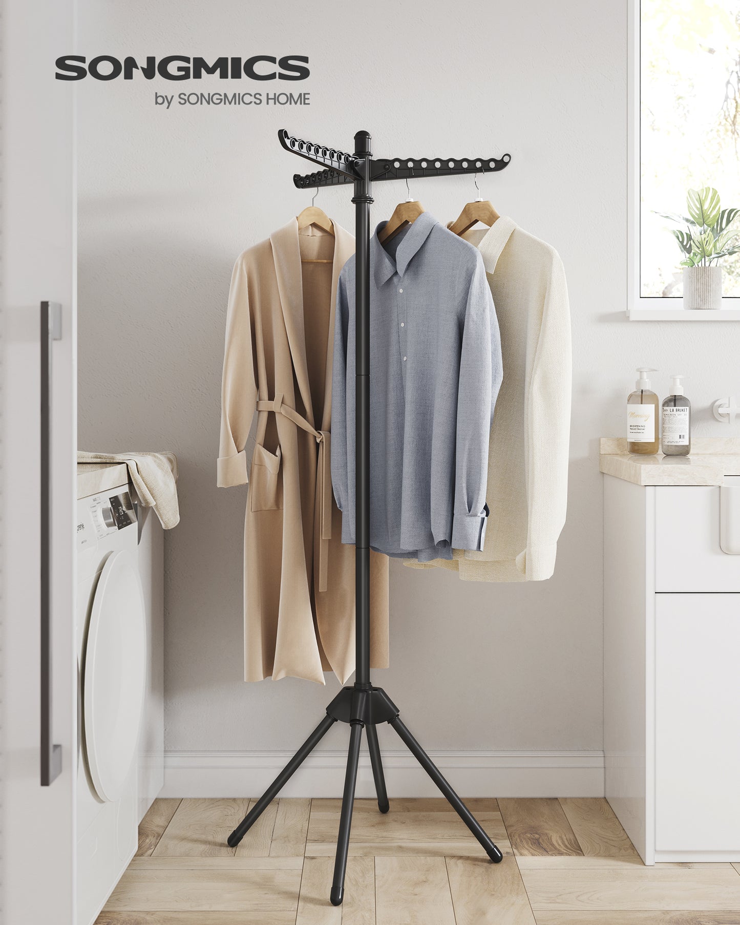 Clothes Drying Rack 59" Foldable Laundry Drying Rack with 27 Clips 3 Rotatable Arms 4 Legs Stainless Steel Black