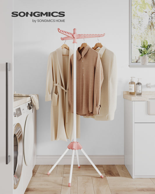 Clothes Drying Rack 59" Foldable Laundry Drying Rack with 27 Clips 3 Rotatable Arms 4 Legs Stainless Steel Pink and White