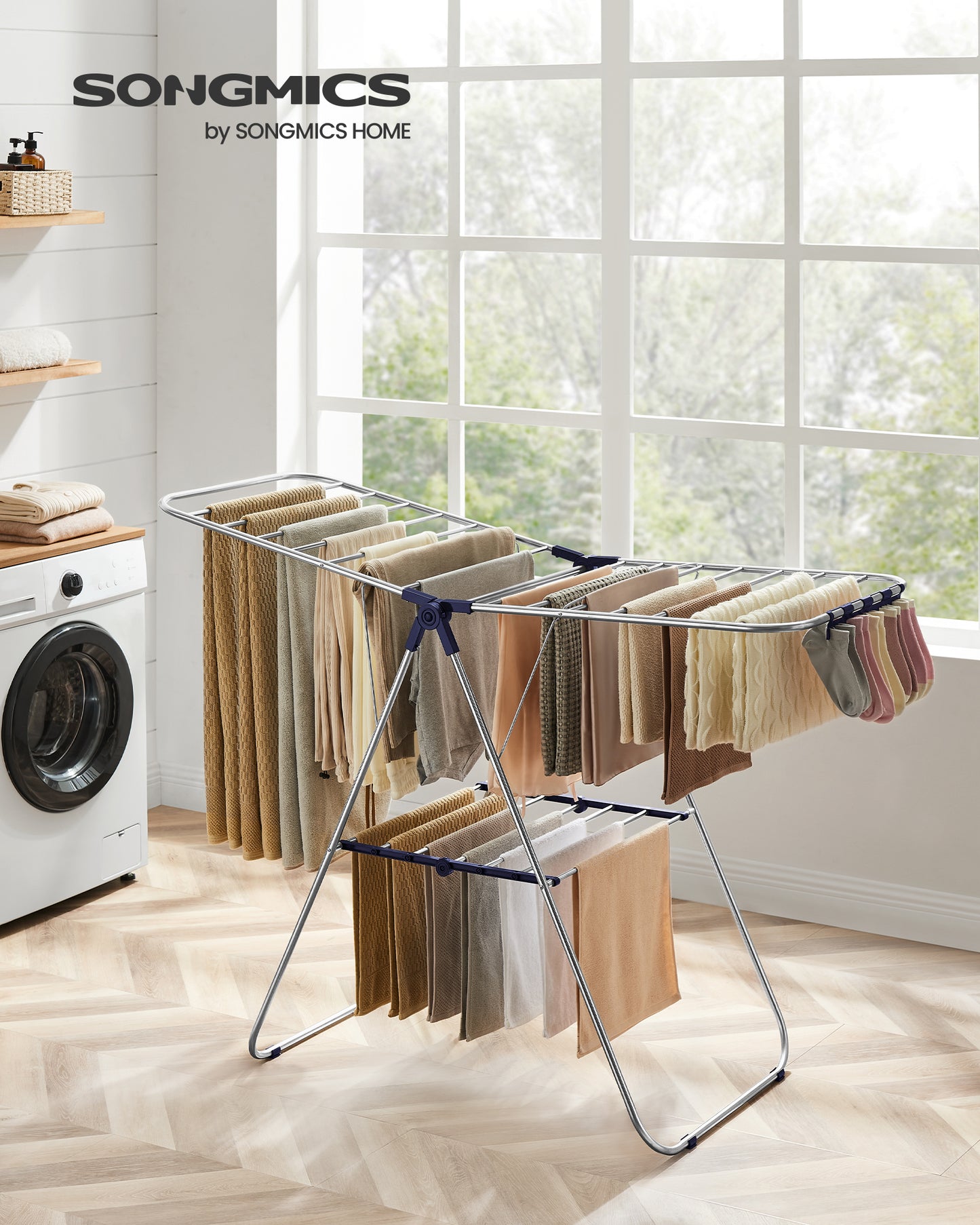 Foldable Clothes Drying Rack with Sock Clips Laundry Drying Rack with Height-Adjustable Gullwings Silver