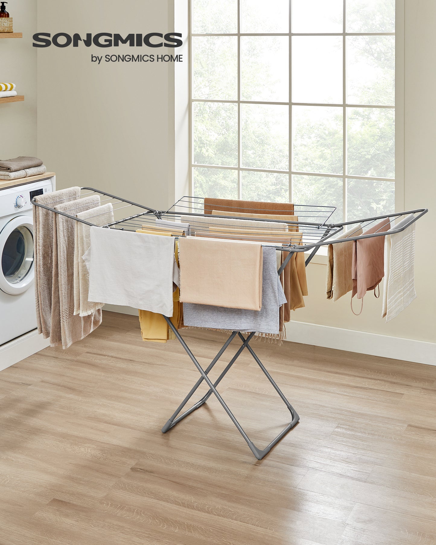 Metal Clothes Drying Rack, Foldable Laundry Airer with 4 Gull Wings & 70 ft Drying Space, Indoor Outdoor Use for Bed Linens Clothing, Gray