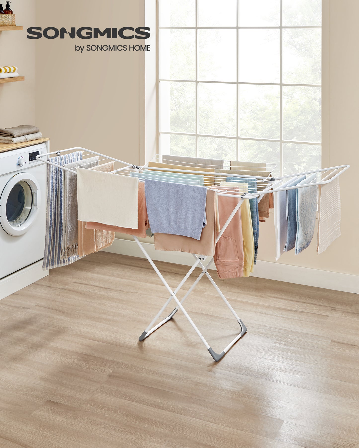 Foldable Clothes Drying Rack - 4 Gullwings with 23 Rods, Space-Saving Laundry Airer for Indoor/Outdoor Use, White