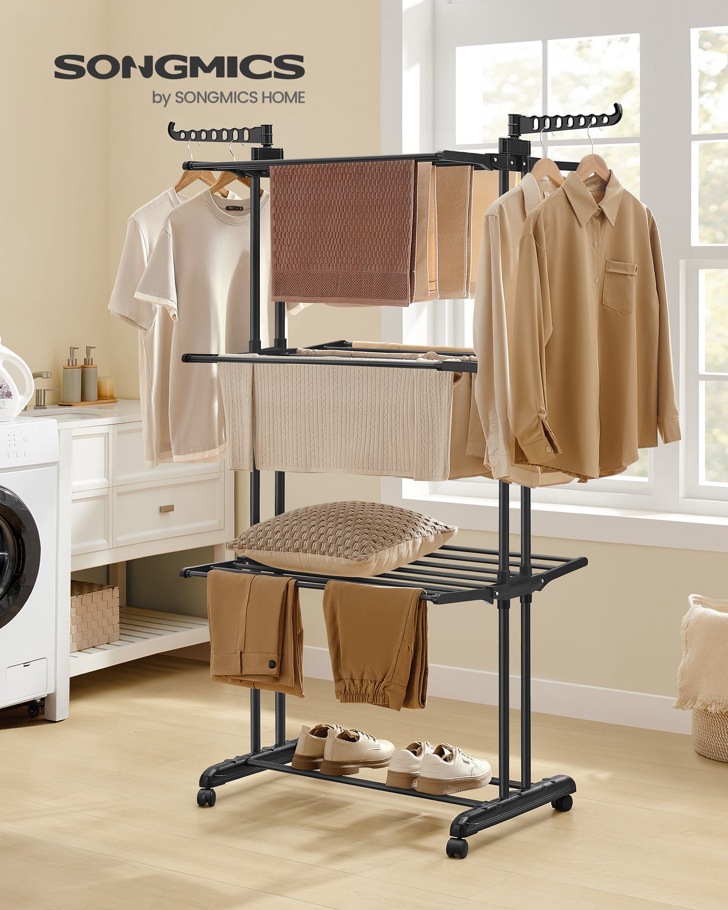 4 - Tier Foldable Clothes Drying Rack - 68.1" Tall, Stainless Steel, Rolling. Easy Assembly for Indoor & Outdoor Use. Ink Black Color