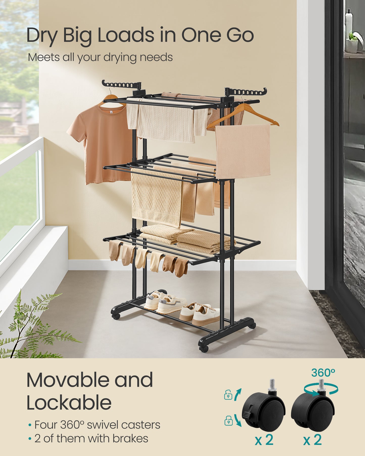 4 - Tier Foldable Clothes Drying Rack - 68.1" Tall, Stainless Steel, Rolling. Easy Assembly for Indoor & Outdoor Use. Ink Black Color