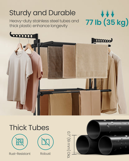 4 - Tier Foldable Clothes Drying Rack - 68.1" Tall, Stainless Steel, Rolling. Easy Assembly for Indoor & Outdoor Use. Ink Black Color