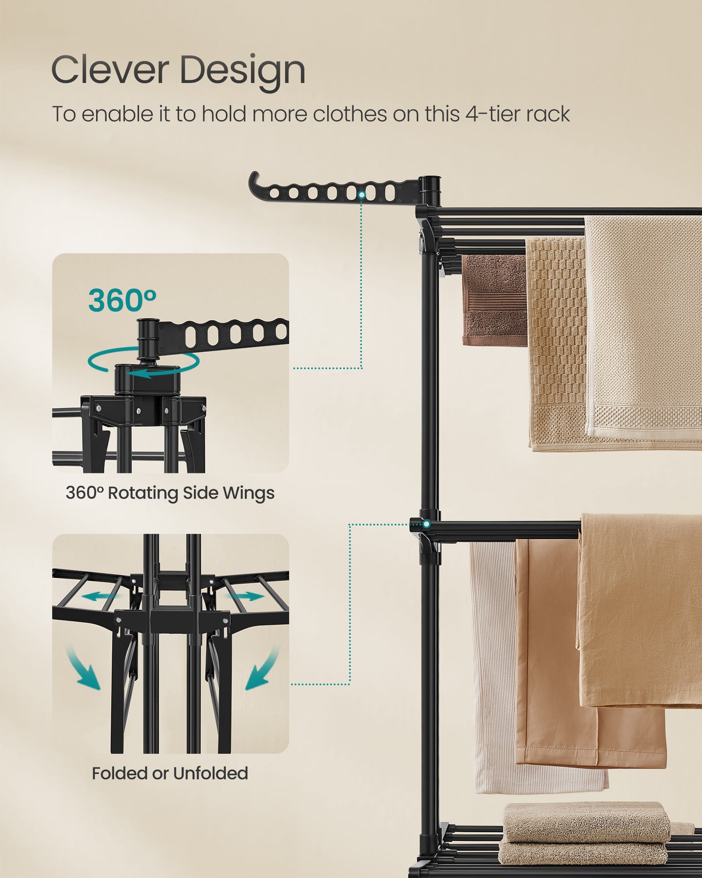 4 - Tier Foldable Clothes Drying Rack - 68.1" Tall, Stainless Steel, Rolling. Easy Assembly for Indoor & Outdoor Use. Ink Black Color