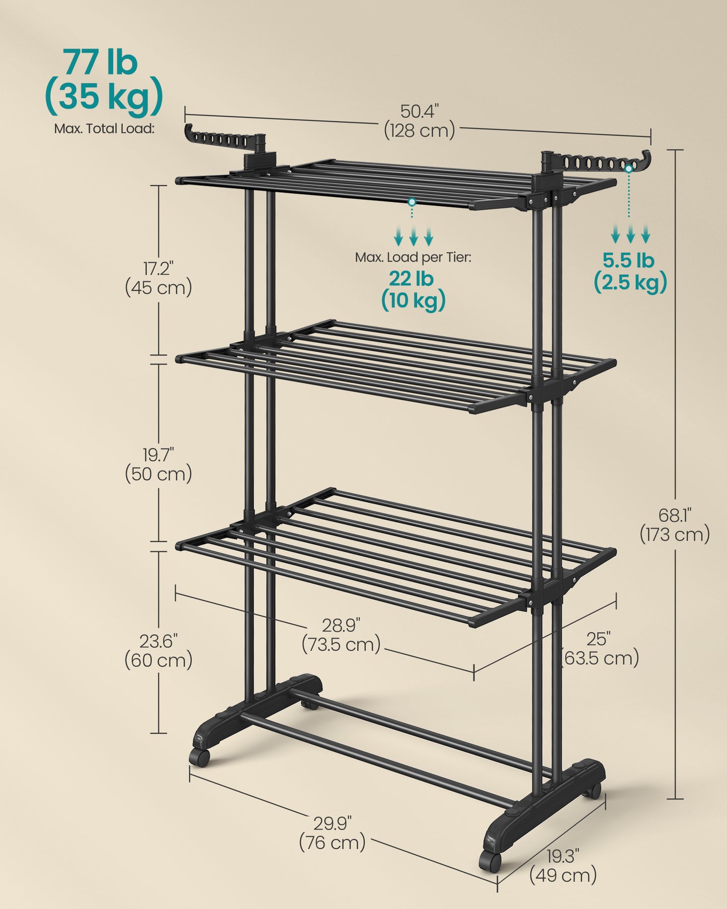 4 - Tier Foldable Clothes Drying Rack - 68.1" Tall, Stainless Steel, Rolling. Easy Assembly for Indoor & Outdoor Use. Ink Black Color
