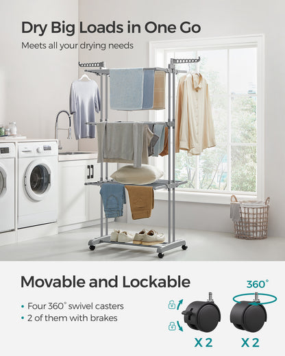 SONGMICS 4-Tier Clothes Drying Rack, Steel Rolling Laundry Dryer Stand Gray