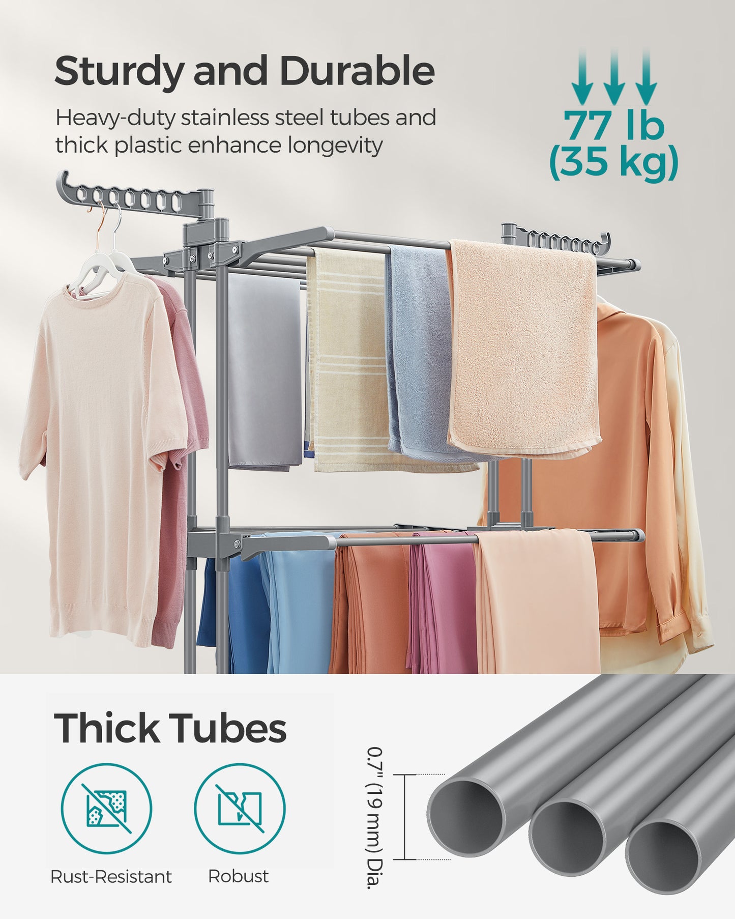 SONGMICS 4-Tier Clothes Drying Rack, Steel Rolling Laundry Dryer Stand Gray