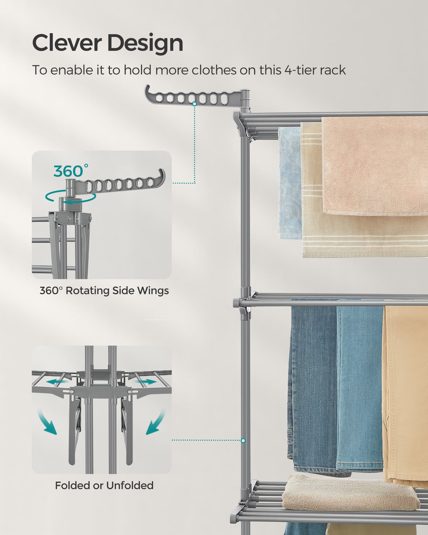 SONGMICS 4-Tier Clothes Drying Rack, Steel Rolling Laundry Dryer Stand Gray