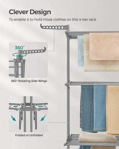 SONGMICS 4-Tier Clothes Drying Rack, Steel Rolling Laundry Dryer Stand Gray