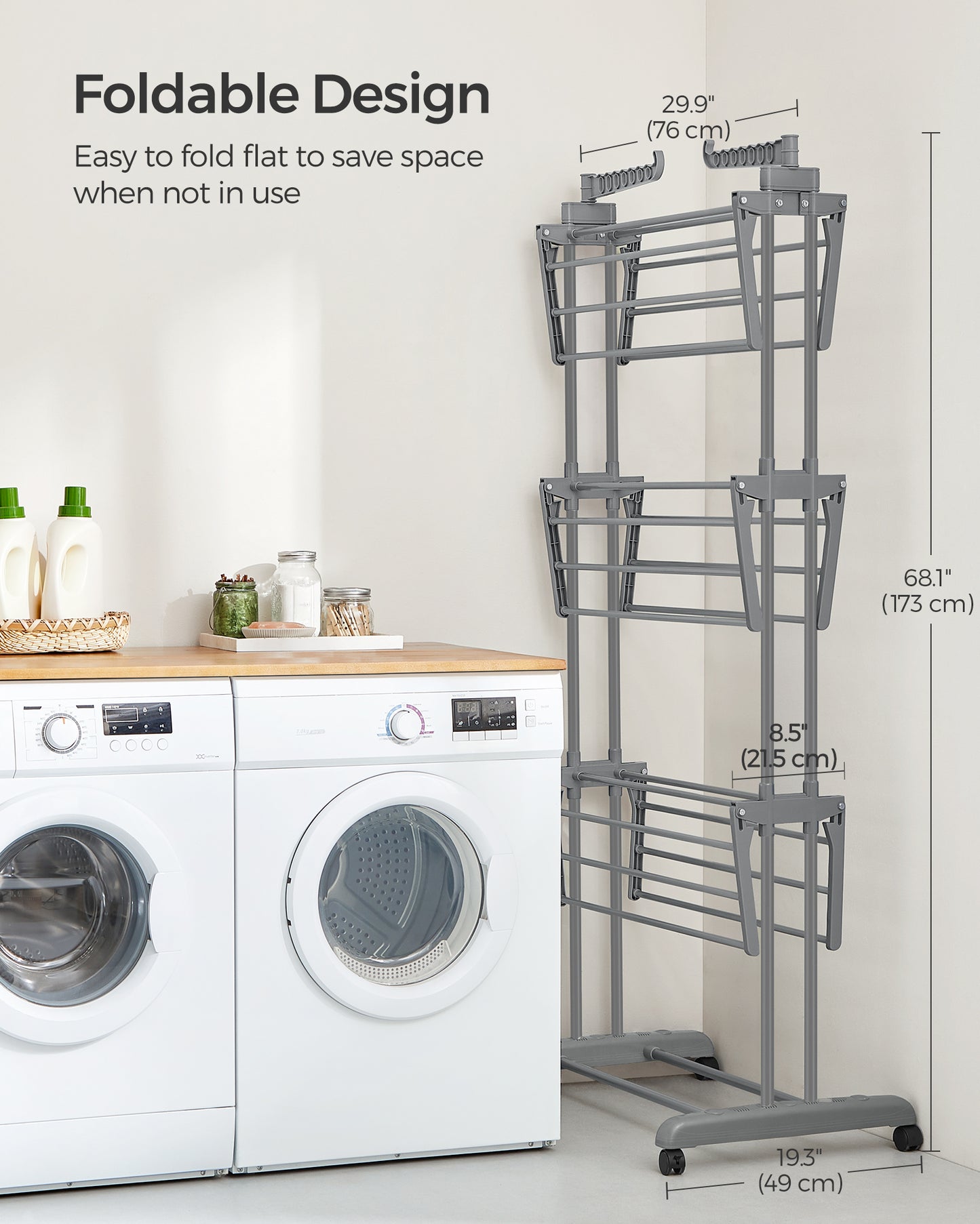 SONGMICS 4-Tier Clothes Drying Rack, Steel Rolling Laundry Dryer Stand Gray