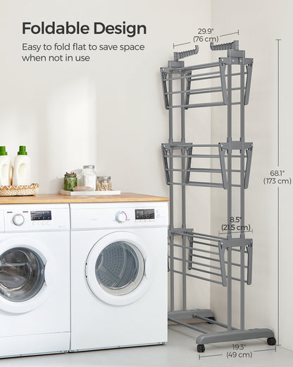 SONGMICS 4-Tier Clothes Drying Rack, Steel Rolling Laundry Dryer Stand Gray
