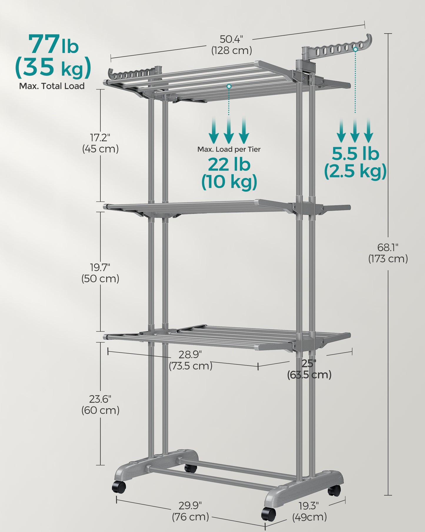 SONGMICS 4-Tier Clothes Drying Rack, Steel Rolling Laundry Dryer Stand Gray