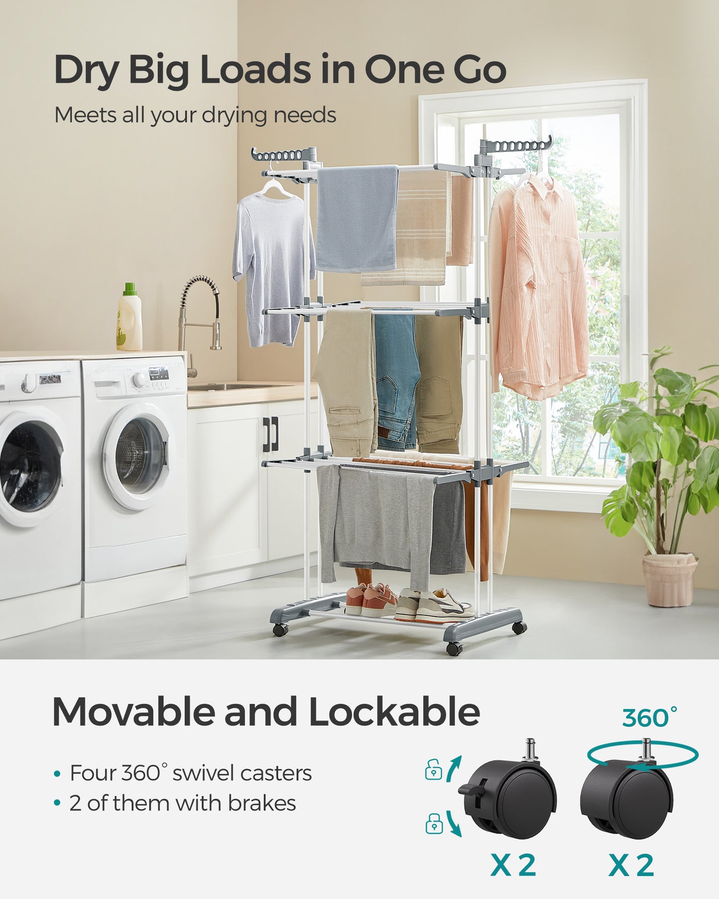 4-Tier Clothes Drying Rack, Steel Rolling Laundry Dryer Stand White