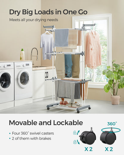 4-Tier Clothes Drying Rack, Steel Rolling Laundry Dryer Stand White