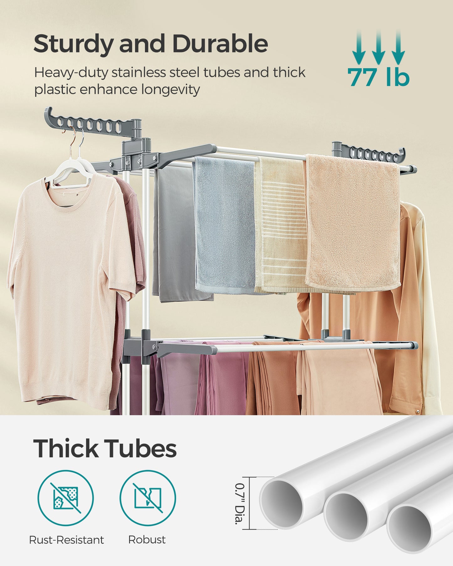 4-Tier Clothes Drying Rack, Steel Rolling Laundry Dryer Stand White