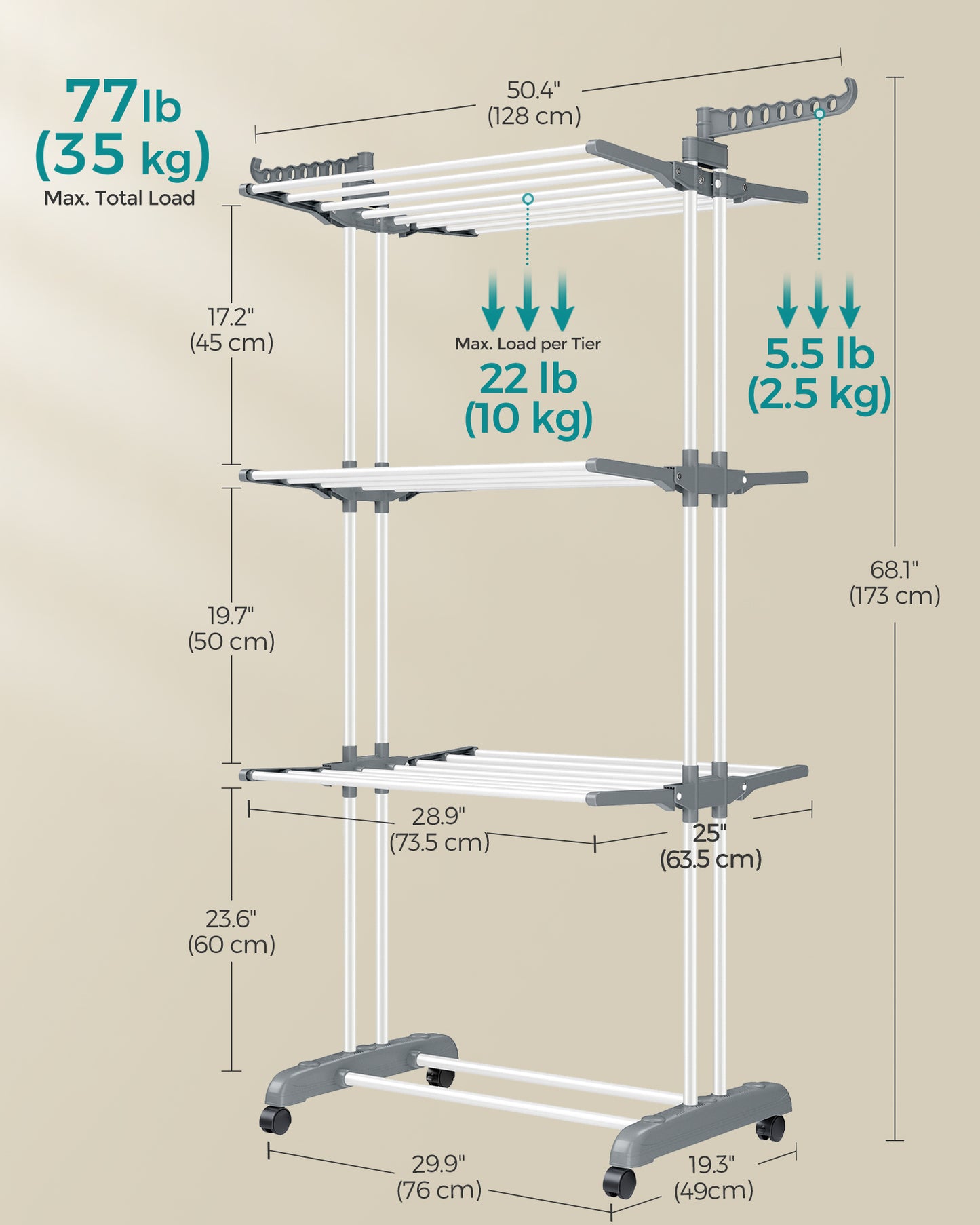 4-Tier Clothes Drying Rack, Steel Rolling Laundry Dryer Stand White