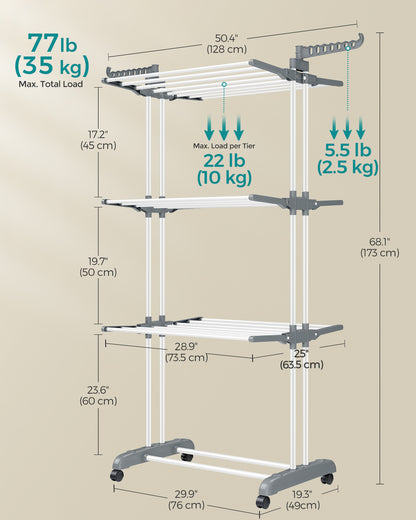 4-Tier Clothes Drying Rack, Steel Rolling Laundry Dryer Stand White