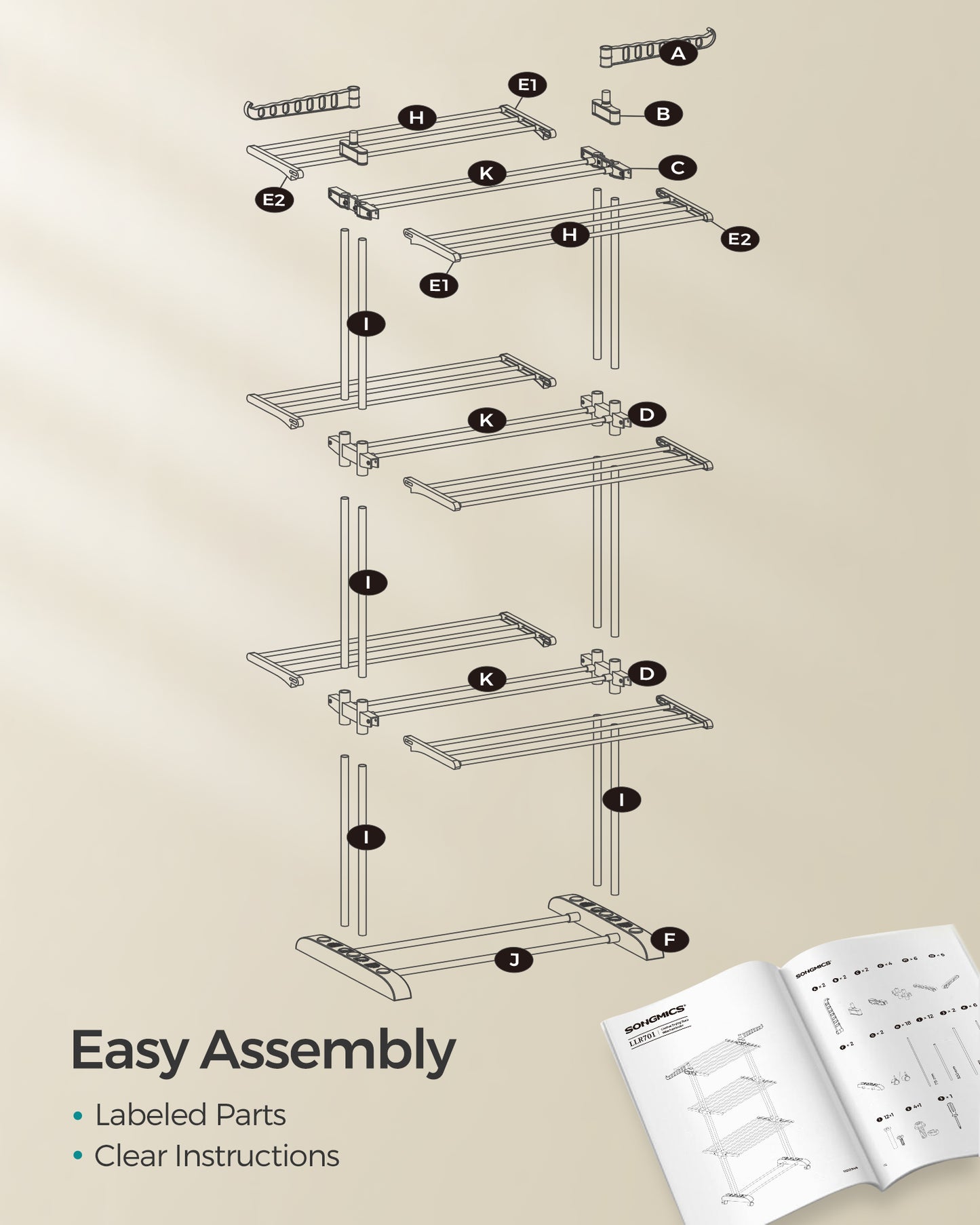 4-Tier Clothes Drying Rack, Steel Rolling Laundry Dryer Stand White