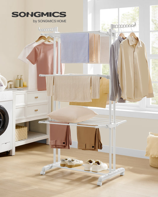 Cloud White 4 - Tier Foldable Clothes Drying Rack. 68.1 - Inch Tall, Stainless Steel, Rolling Design. Easy Assembly for Indoor & Outdoor Use.