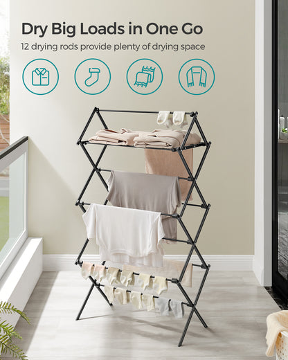 Foldable Clothes Drying Rack, Laundry Drying Rack, Clothes Airer, Steel Frame, 14.6 x 29.5 x 53.2 Inches, Easy Assembly, Indoor Outdoor Use, Black