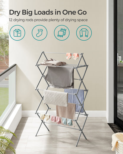 Foldable Clothes Drying Rack, Laundry Drying Rack, Clothes Airer, Steel Frame, 14.6 x 29.5 x 53.2 Inches, Easy Assembly, Indoor Outdoor Use, Gray
