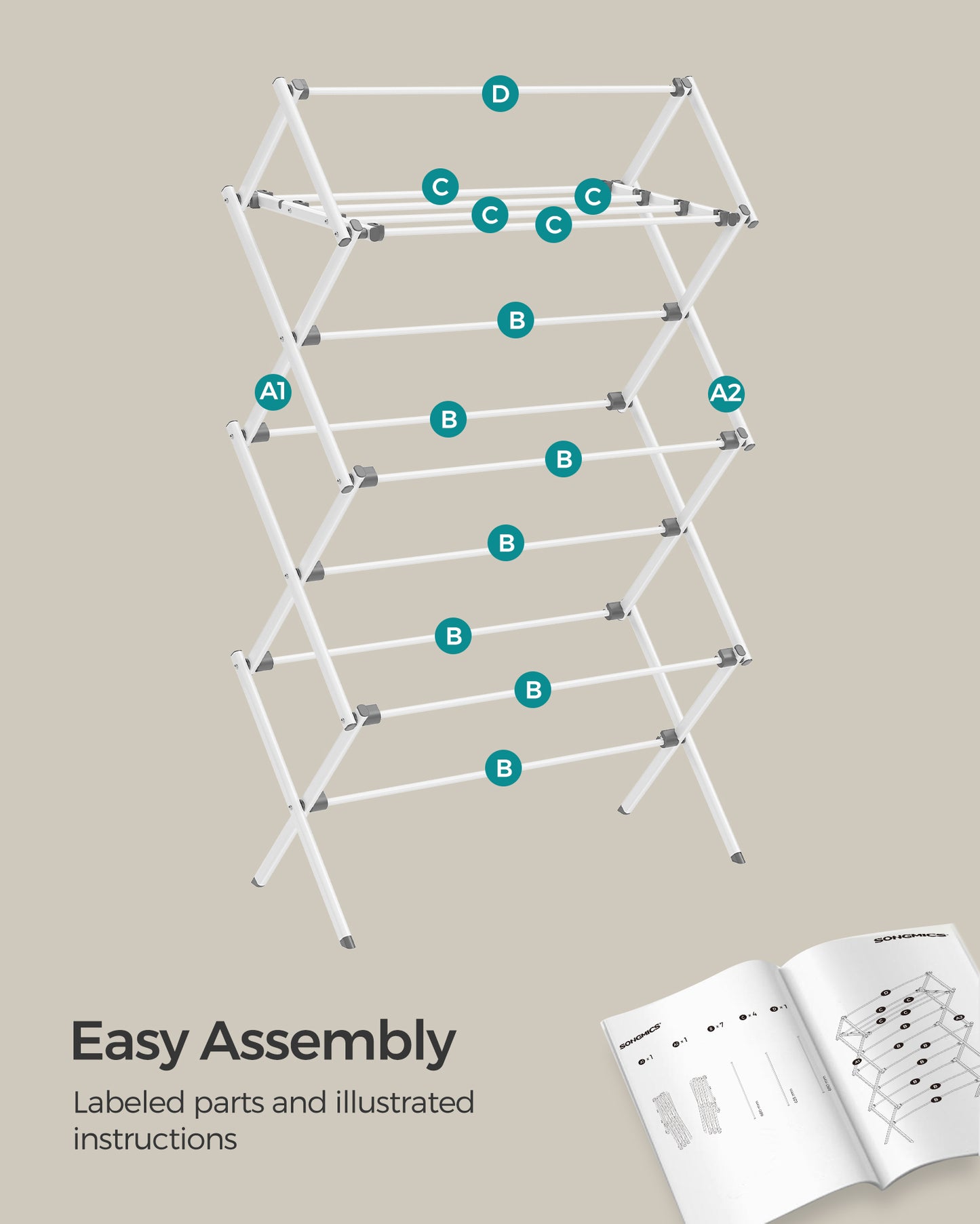 14.6 x 29.5 x 53.2 Inch Foldable Clothes Drying Rack, Steel Frame Laundry Airer, Easy Assembly Laundry Drying Rack for Indoor Outdoor Use