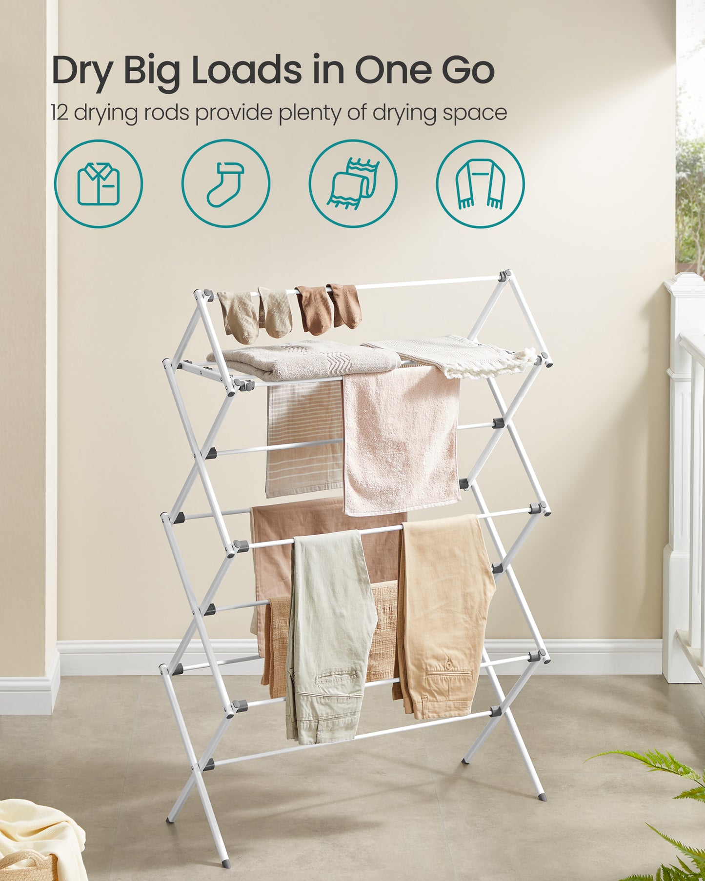 Foldable Clothes Drying Rack with 12 Rods, 14.6x36.6 Inch Steel Frame Laundry Airer for Indoor Outdoor Use, Pearl White
