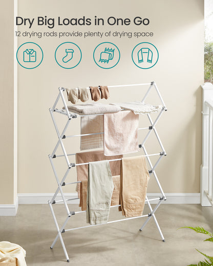 Foldable Clothes Drying Rack with 12 Rods, 14.6x36.6 Inch Steel Frame Laundry Airer for Indoor Outdoor Use, Pearl White