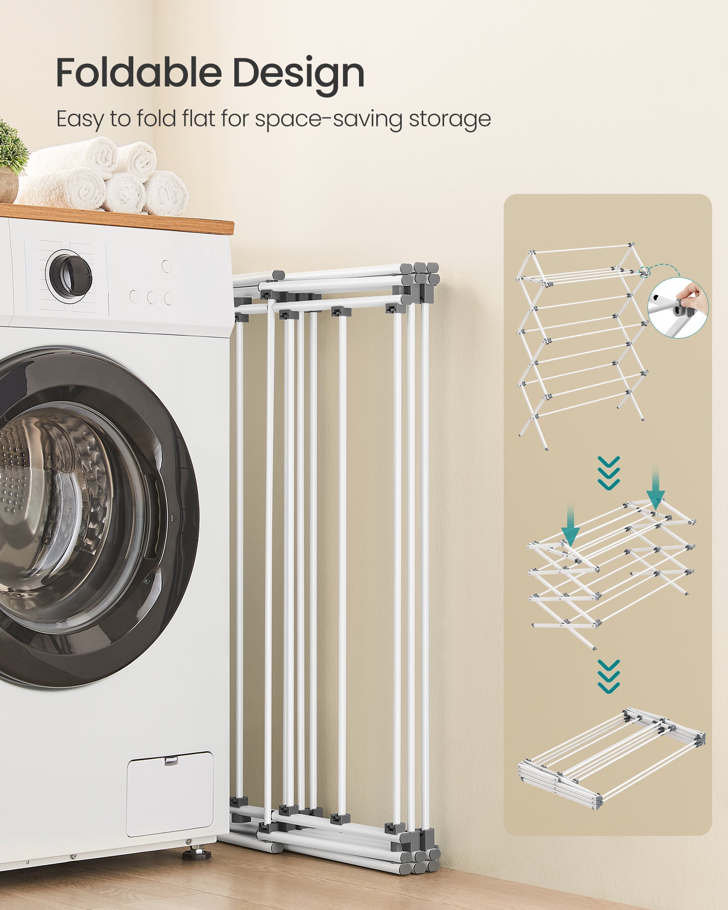 Foldable Clothes Drying Rack with 12 Rods, 14.6x36.6 Inch Steel Frame Laundry Airer for Indoor Outdoor Use, Pearl White