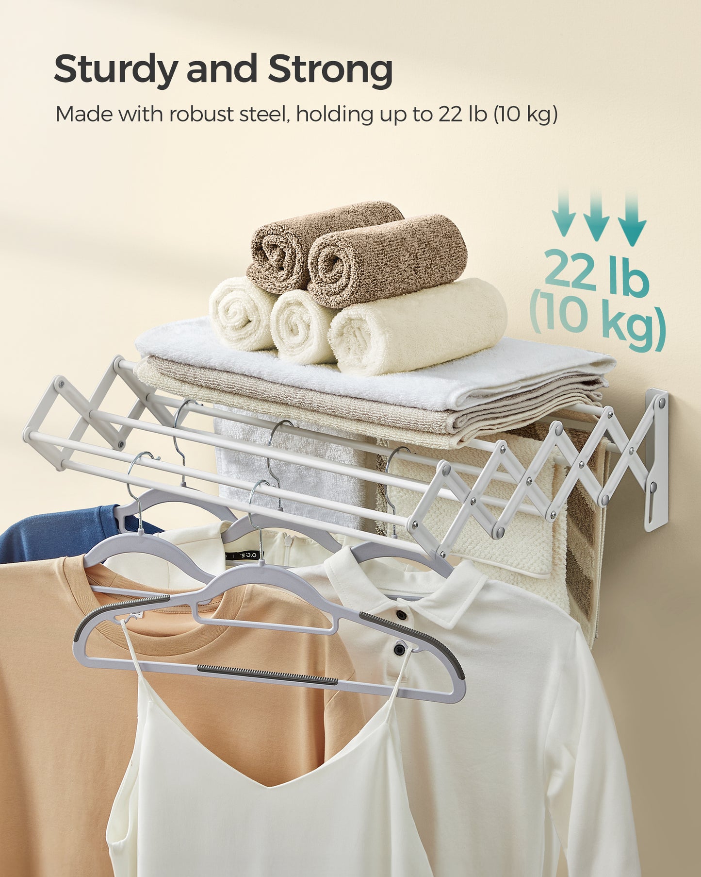 Wall-Mounted Accordion Drying Rack with 9 Expandable Rods, 22 lb Capacity Space-Saving Laundry Rack, Cloud White