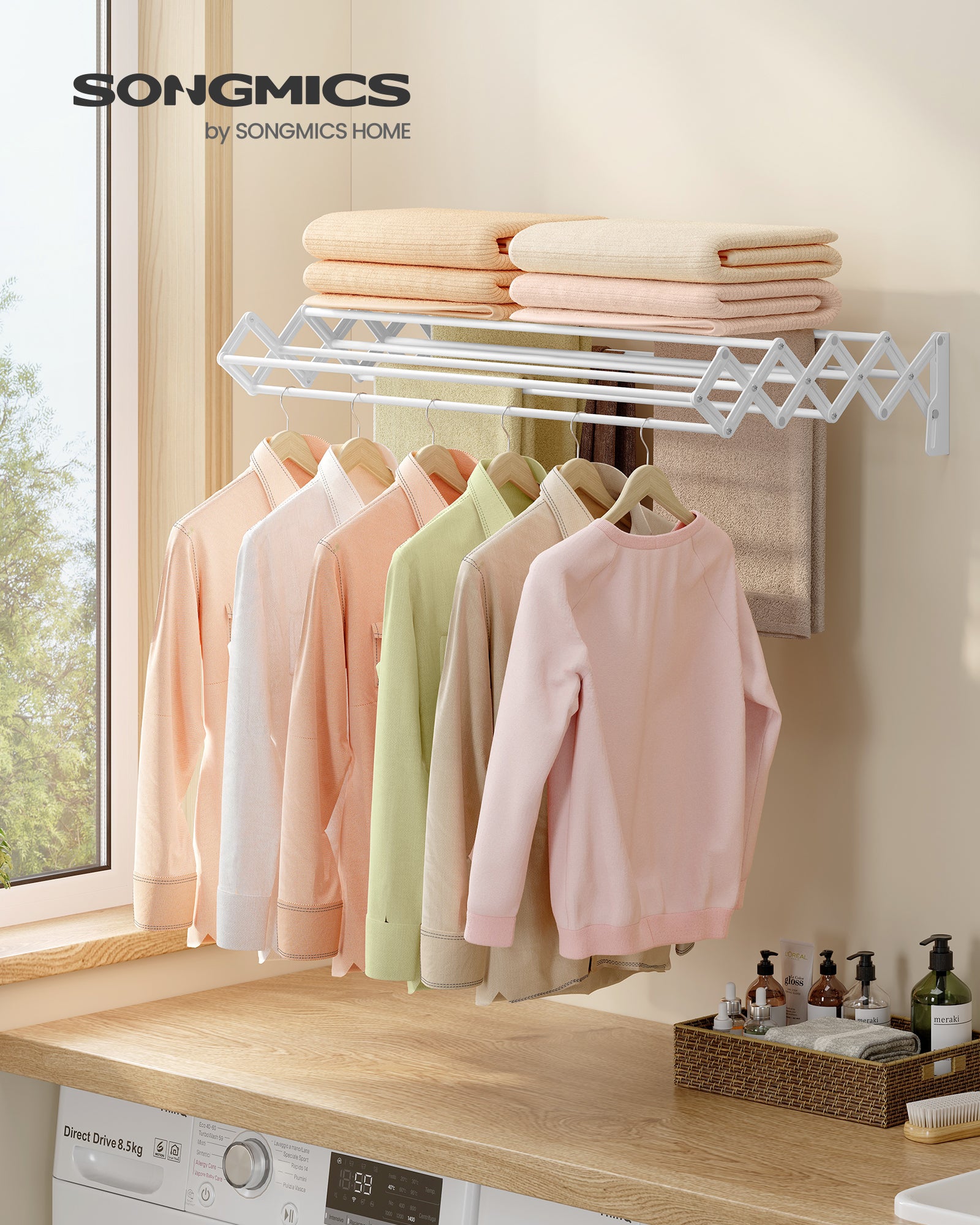 Wall-Mounted Accordion Drying Rack with 9 Expandable Rods, 33 lb Capac ...