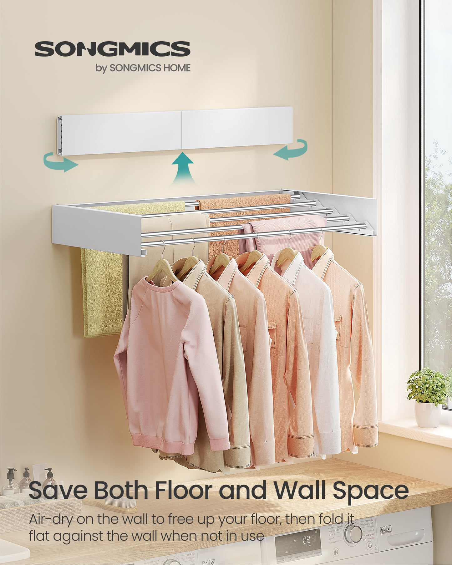 SONGMICS Wall Mounted Drying Rack, Clothes Drying Rack Foldable, Laundry Clothes Airer, 5 Fold-Out Aluminum Alloy Bars, Matte White