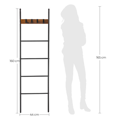 Blanket Ladder, 5-Tier Ladder Shelf, Decorative Ladder with 4 Removable Hooks, Metal Frame, Industrial Style, Rustic Brown and Black
