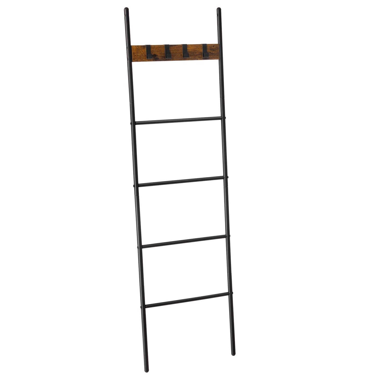 VASAGLE Blanket Ladder, 5-Tier Ladder Shelf, Decorative Ladder with 4 Removable Hooks, Metal Frame, Industrial Style, Rustic Brown and Black