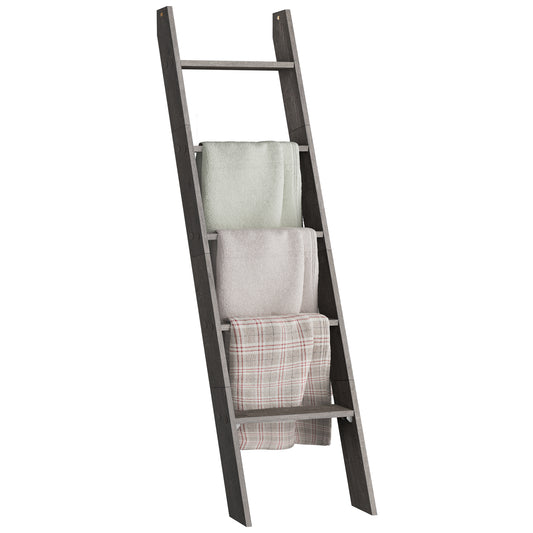 5-Tier Farmhouse Blanket Ladder Shelf - Rustic Wooden Storage Rack for Home Decor, Misty Gray