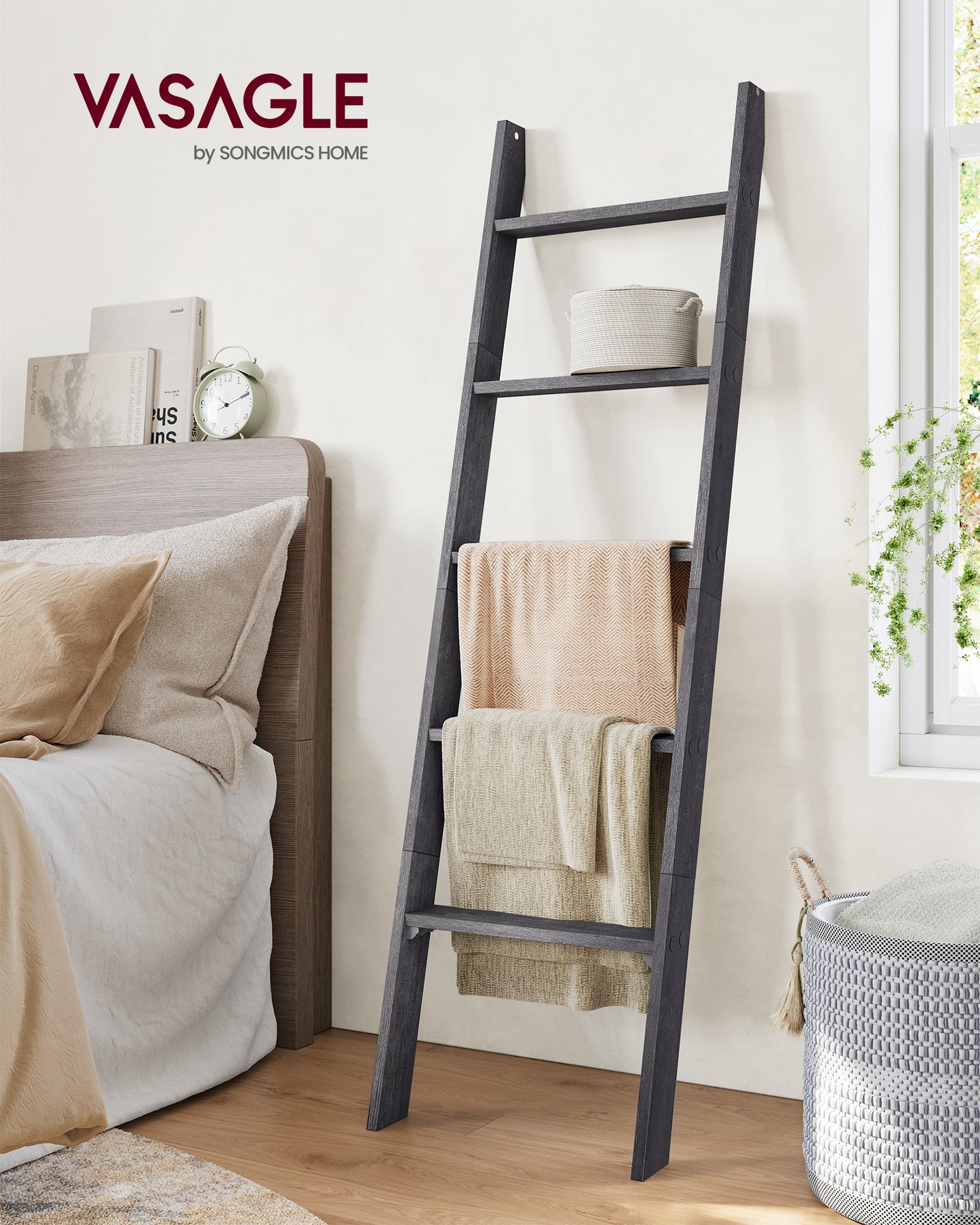 5-Tier Farmhouse Blanket Ladder Shelf - Rustic Wooden Storage Rack for Home Decor, Misty Gray