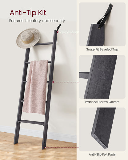 5-Tier Farmhouse Blanket Ladder Shelf - Rustic Wooden Storage Rack for Home Decor, Misty Gray