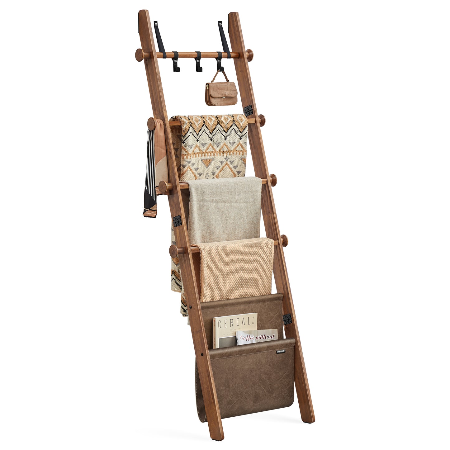 VASAGLE Blanket Ladder, 5-Tier Wooden Ladder Shelf, Decorative Farmhouse Blanket Rack with Synthetic Leather Bag, Metal Hooks, Caramel Brown